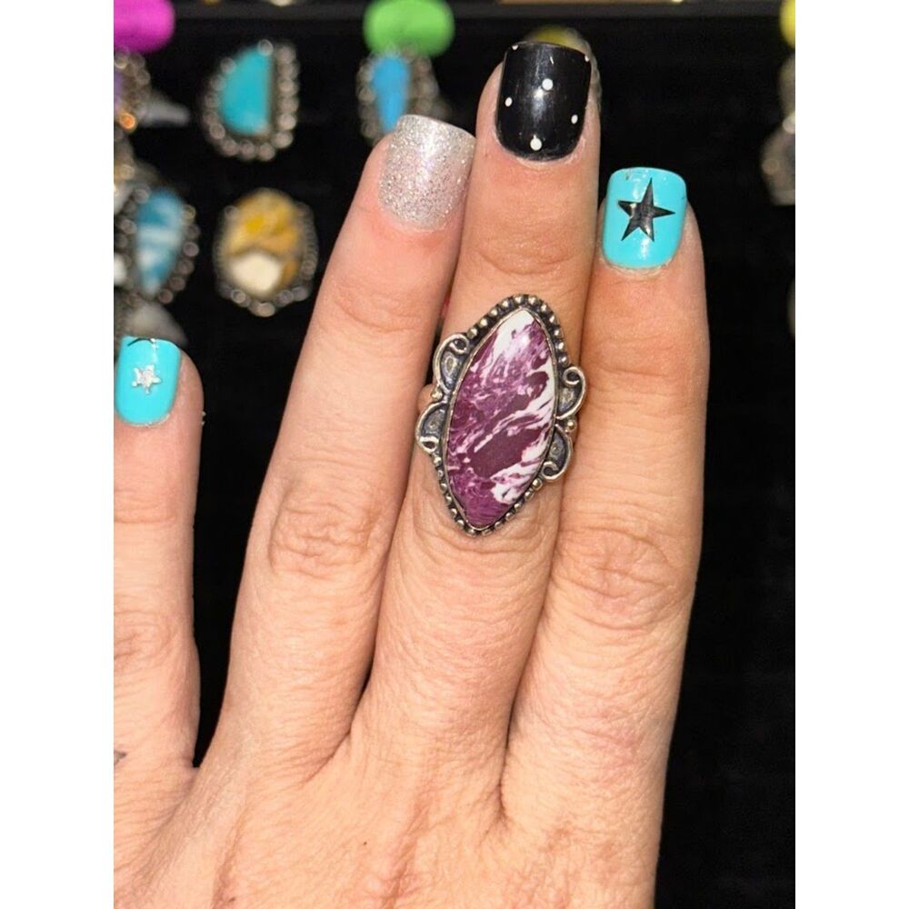 Purple Dahlia Oval Sterling Silver Overlay Ring Size 7